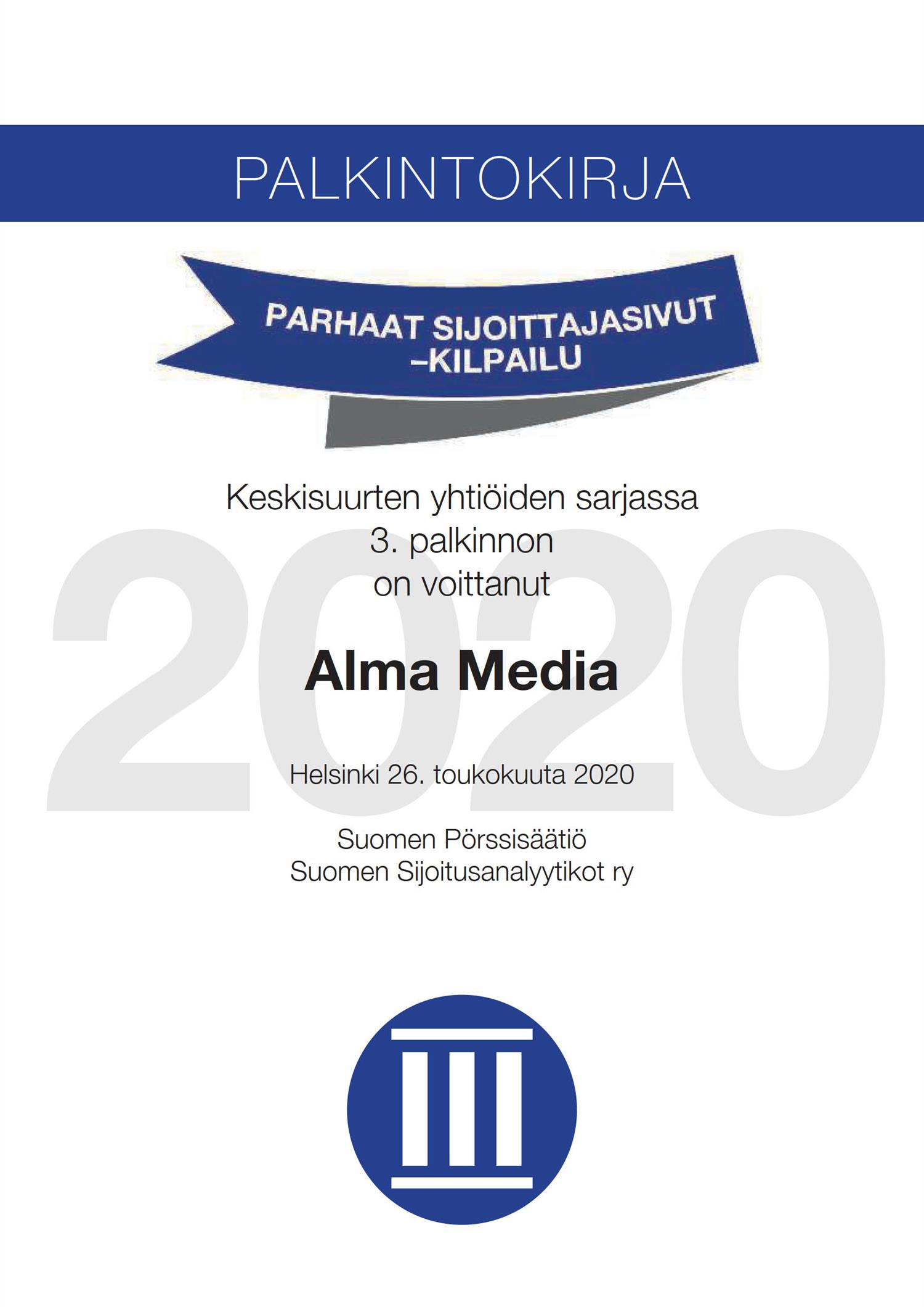 Alma Medialle pronssia Parhaat sijoittajasivut -kilpailussa - Alma Media